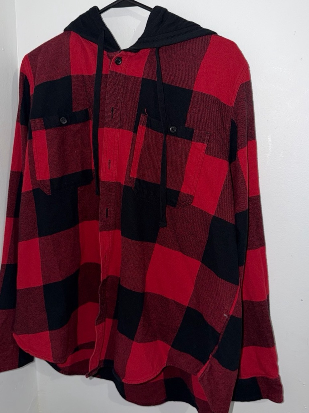 Original Use Red and Black Hooded Plaid Shacket